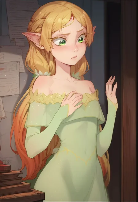 score_9, score_8_up, score_7_up, score_6_up, score_5_up, score_4_up, best quality, masterpiece, uncensored, long hair, blonde hair, green eyes, pointy ears, , multicolored hair, forehead jewel,elf, dress,,1girl,solo ,