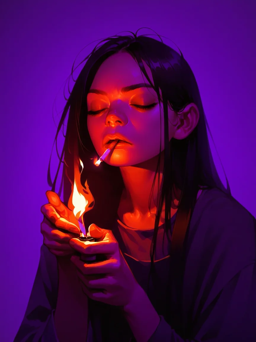 score_9, score_8_up, score_7_up, score_6_up, score_5_up, <lora:cigarette2XLP:1> 1girl, solo, cigarette, lighter, long hair, closed eyes, fire, smoking, black hair, upper body, holding, purple background,