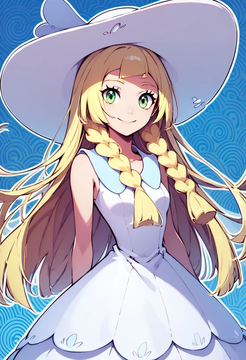score_9, score_8_up, score_8, medium breasts, (curvy), cute, eyelashes,     
rating safe, 
BREAK,
zzlillie, long hair, braid, sun hat, white headwear, collarbone, sleeveless dress, white dress,
BREAK,
smile, looking at viewer, 
blue theme, 
abstract background, tsunami pattern background, white outline, 
zPDXL,