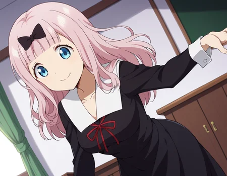 score_9, score_8_up, score_7_up, source_anime,
chikafujiwara, <lora:chika-fujiwara-s3-ponyxl-lora-nochekaiser:1>,
chika fujiwara, long hair, bangs, blue eyes, bow, pink hair, hair bow, blunt bangs, black bow, smile, mature female,
long sleeves, dress, ribbon, school uniform, collarbone, black dress, sailor collar, white sailor collar, red ribbon, neck ribbon, shuuchiin academy school uniform,
indoors, classroom, bent over,
looking at viewer, cowboy shot, dutch angle,
