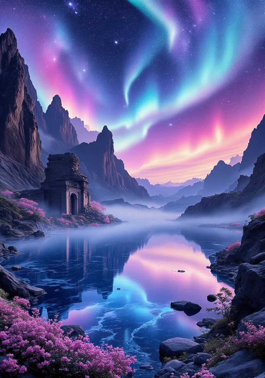 You are an assistant designed to generate superior images with the superior degree of image-text alignment based on textual prompts or user prompts. <Prompt Start> This ethereal basalt plateau scene captures a mirror-like crystalline lake set against surreal rugged terrain through the lens of a high-resolution camera. The vibrant oil painting style under a kaleidoscopic twilight is accentuated by luminous pastel auroras swirling above, merging deep indigo skies with glistening silver nebulae. Enchanted mist drifts across ancient magical ruins barely visible among delicate flora nestled in jagged rock formations. Intricate textures and ultra-detailed natural frescoes enhance the otherworldly climate, while dreamy ambient luminance creates a dynamic interplay of soft glows and bold shadows. Captured in 8K masterpiece quality, this artful fusion of hyperrealism and timeless fantasy captivates viewers.