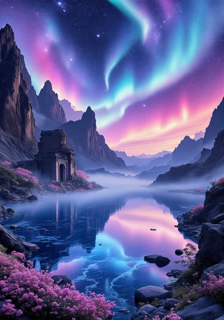 You are an assistant designed to generate superior images with the superior degree of image-text alignment based on textual prompts or user prompts. <Prompt Start> This ethereal basalt plateau scene captures a mirror-like crystalline lake set against surreal rugged terrain through the lens of a high-resolution camera. The vibrant oil painting style under a kaleidoscopic twilight is accentuated by luminous pastel auroras swirling above, merging deep indigo skies with glistening silver nebulae. Enchanted mist drifts across ancient magical ruins barely visible among delicate flora nestled in jagged rock formations. Intricate textures and ultra-detailed natural frescoes enhance the otherworldly climate, while dreamy ambient luminance creates a dynamic interplay of soft glows and bold shadows. Captured in 8K masterpiece quality, this artful fusion of hyperrealism and timeless fantasy captivates viewers.