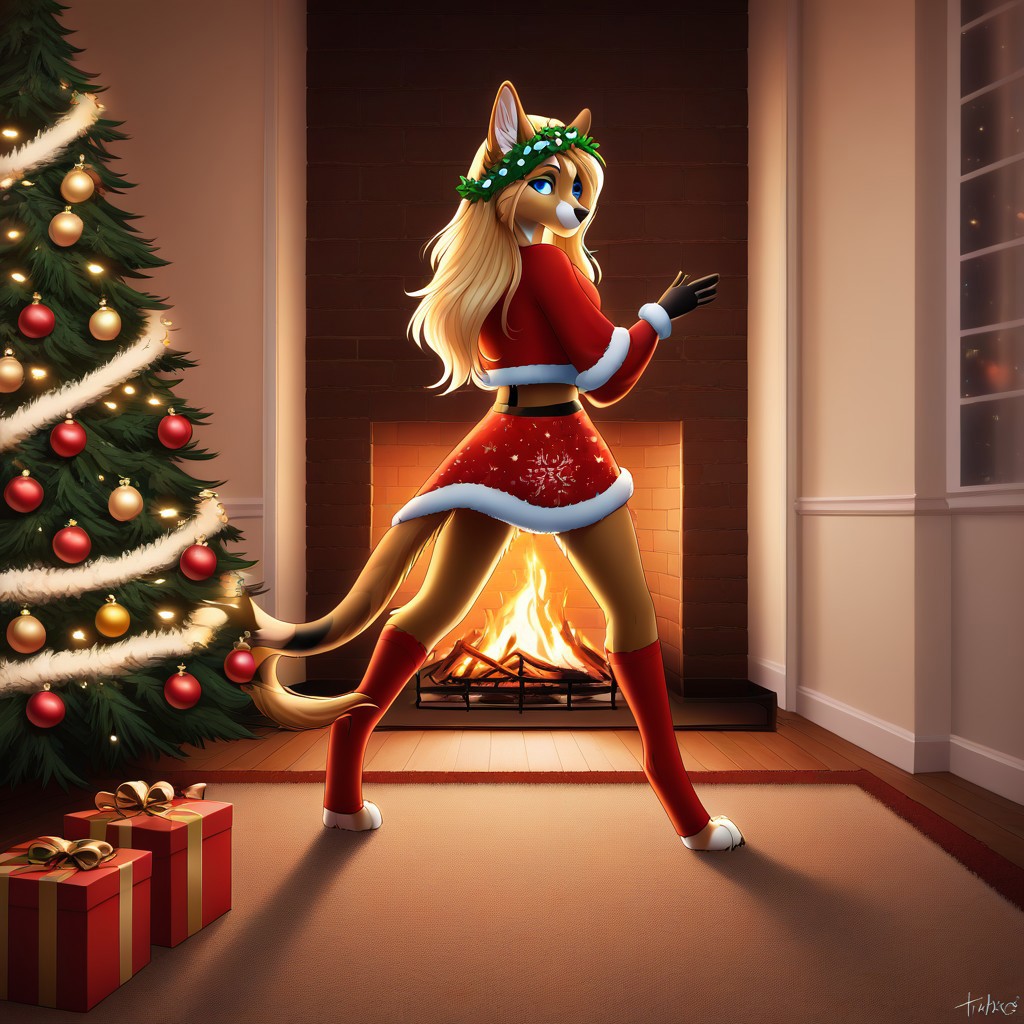 PG rating, (masterpiece), (best quality), (amazing quality:1.1), 1 girl, fluffy_new_year, merry_furistmas, xmas clothes, xmas tree, xmas garland lights, indoors, dynamic background