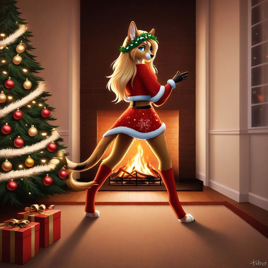 PG rating, (masterpiece), (best quality), (amazing quality:1.1), 1 girl, fluffy_new_year, merry_furistmas, xmas clothes, xmas tree, xmas garland lights, indoors, dynamic background