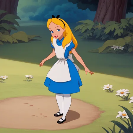 score_8_up, BREAK, Alice, 1girl, solo, blonde hair, long hair, blue eyes, headband, ribbon bow, blue dress, short sleeves, white apron, white tight, black Mary janes, <lora:AliceInWonderland_PXL_Leaf1:0.8>, looking at viewer, outdoors, full body,