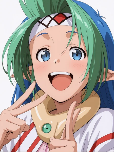 masterpiece,best quality,amazing quality,anime screencap,
1girl,solo,
<lora:elma_hoyly_ilxl_v1.4:1>,elma,spiked hair,multicolored hair,low-tied long hair,e_hb,E_clothes,
dynamic_angle,simple_background,white background,looking_at_viewer,cinematic_angle,double_v,laughing,upper_body,face_focus,