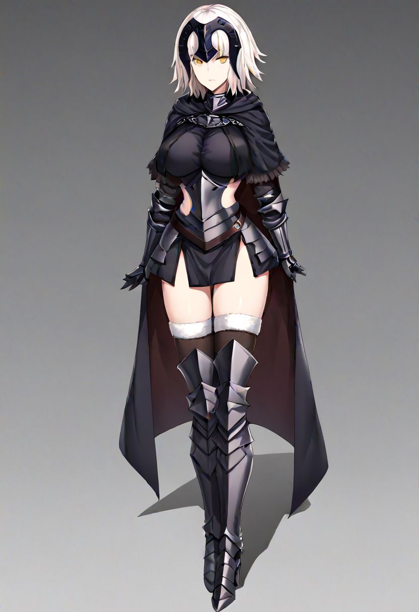 Jeanne_Armored, white hair, short hair, yellow eyes, headpiece, black armor, breastplate, short dress, armored skirt, vambraces, underbust, metal collar, fur-trimmed capelet, cloak, belt, scabbard, thighhighs, armored boots, thighhighs under boots, 
masterpiece, best quality, very aesthetic, absurdres, 1milf, 1adult, solo, full_body, tachi-e,