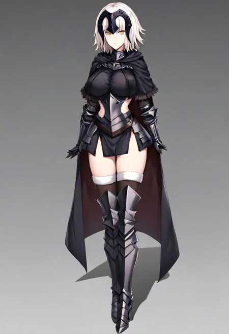 Jeanne_Armored, white hair, short hair, yellow eyes, headpiece, black armor, breastplate, short dress, armored skirt, vambraces, underbust, metal collar, fur-trimmed capelet, cloak, belt, scabbard, thighhighs, armored boots, thighhighs under boots,
masterpiece, best quality, very aesthetic, absurdres, 1milf, 1adult, solo, full_body, tachi-e,