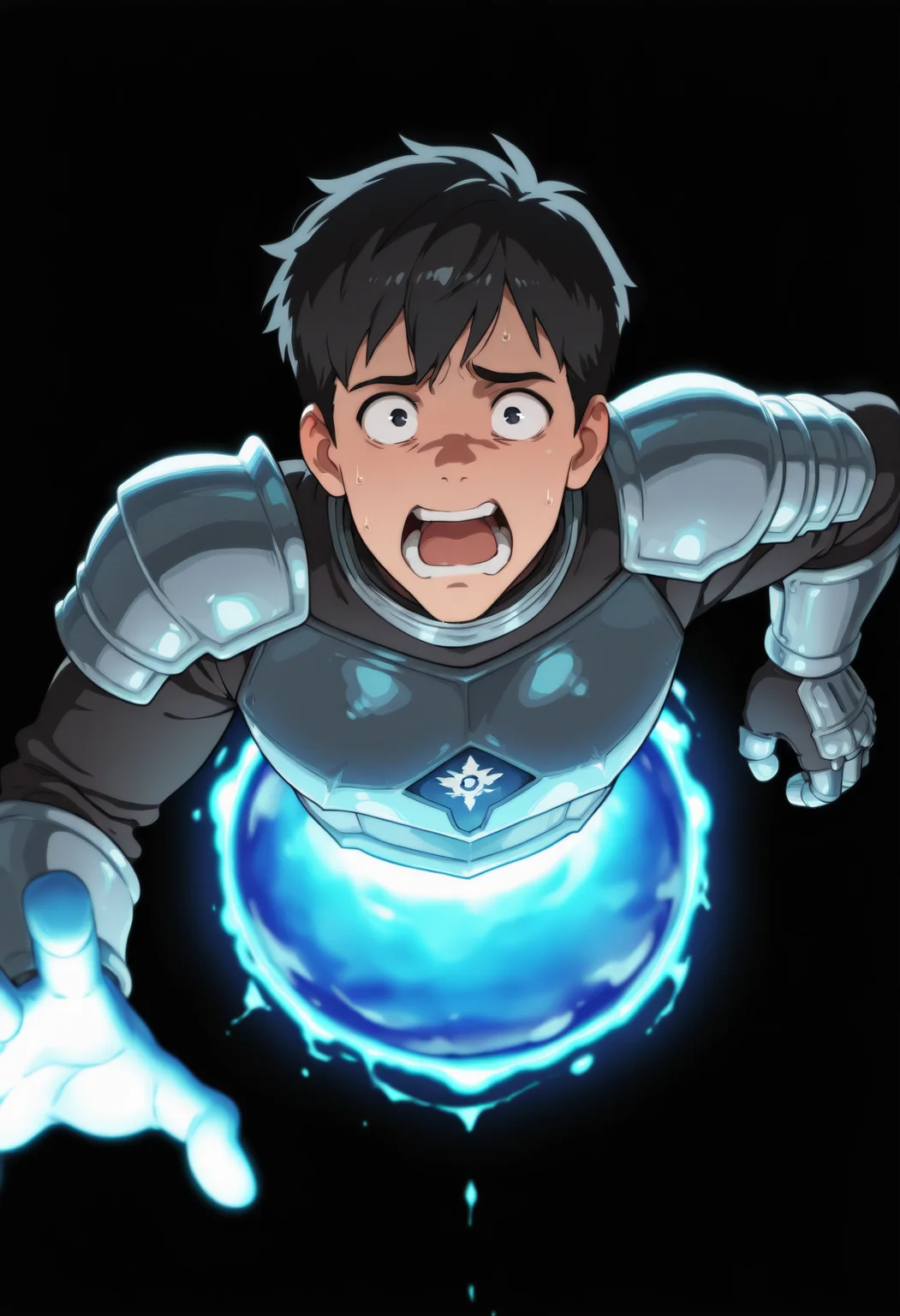 masterpiece,best quality,amazing quality, 1boy, solo. man leaning forward, bent over, stuck in large glowing portal, reaching towards viewer, chest out, head out, one arm out, wide-eyed, worried, shouting. he has black hair, black eyes. he wears armor. black background