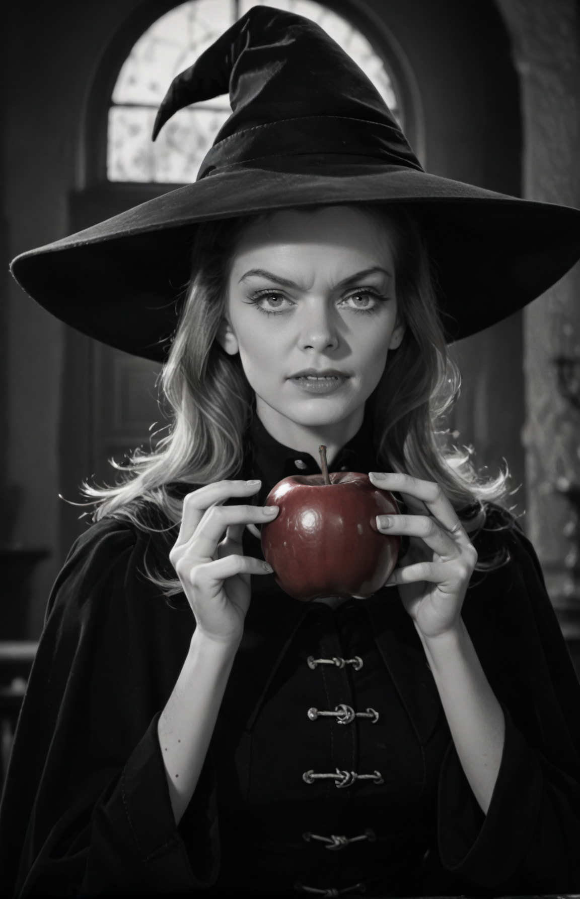 score_9, score_8_up, score_7_up, score_6_up, score_5_up, score_4_up, BREAK 
1girl, evil witch, wide brim witches hat, holding a red apple, ,bwmovies,  <lora:bwMovies:1>,
