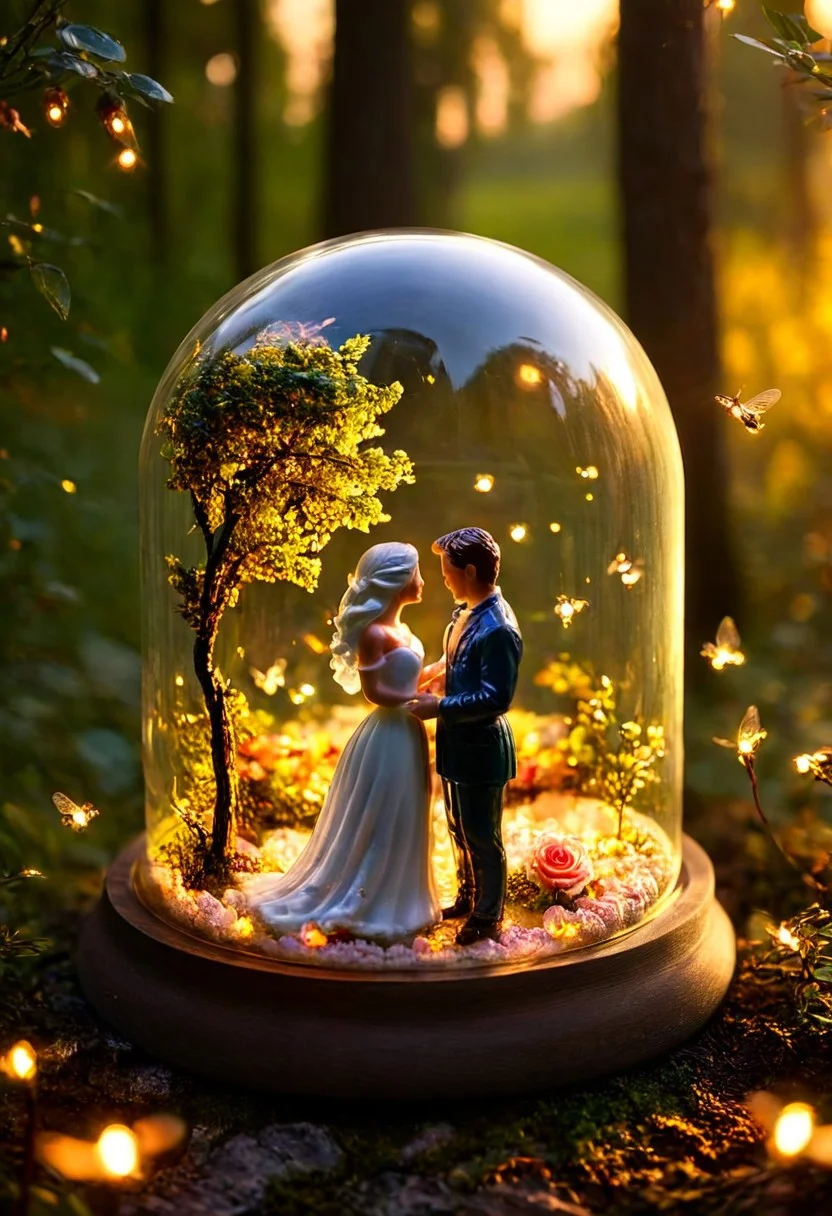 A meticulously crafted glass dome encapsulating a serene miniature, Rose, romantic couple, scenic landscape, golden sunset, lovers, park, enchanted forest, fireflies, soft lighting, warm tones, intimate atmosphere, dreamy, cinematic composition, nature and romance. realistic, photo