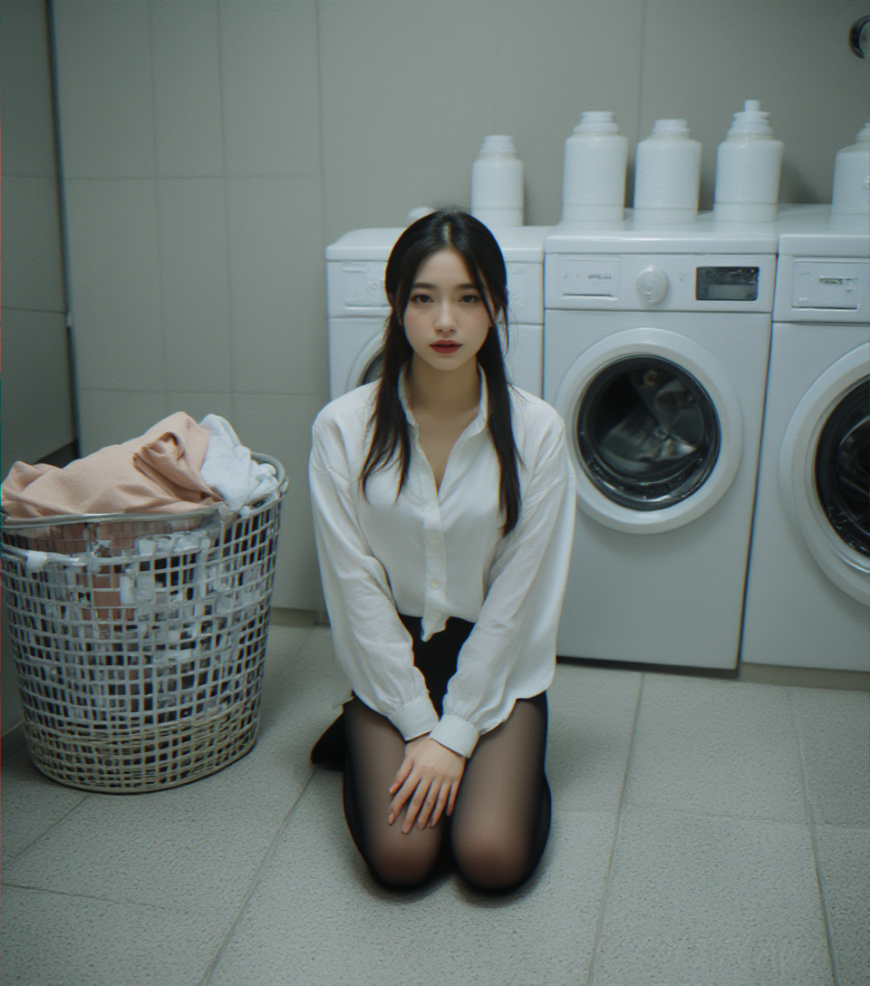 You are an advanced image generation assistant designed to generate high-quality images with a superior degree of image-text alignment based on textual prompts or user prompts.
<Prompt Start> 
The photo has a cinematic feeling with deep color, soft lighting, professional color grading and a film like quality.
The image uses depth of field to enhance the filmic quality.
<Basic Information>
A fashion photo of a young freckled Japanese woman.
<Detailed Information>
NSFW,
The image depicts a person kneeling on a tiled floor in front of a row of washing machines. The person is wearing a white shirt and black sheer tights. Their hair is long and dark, tied back. To the left of the person, there is a laundry basket containing some clothes, and next to it, there are several washing machines with visible detergent dispensers on top. The setting appears to be a laundry room.