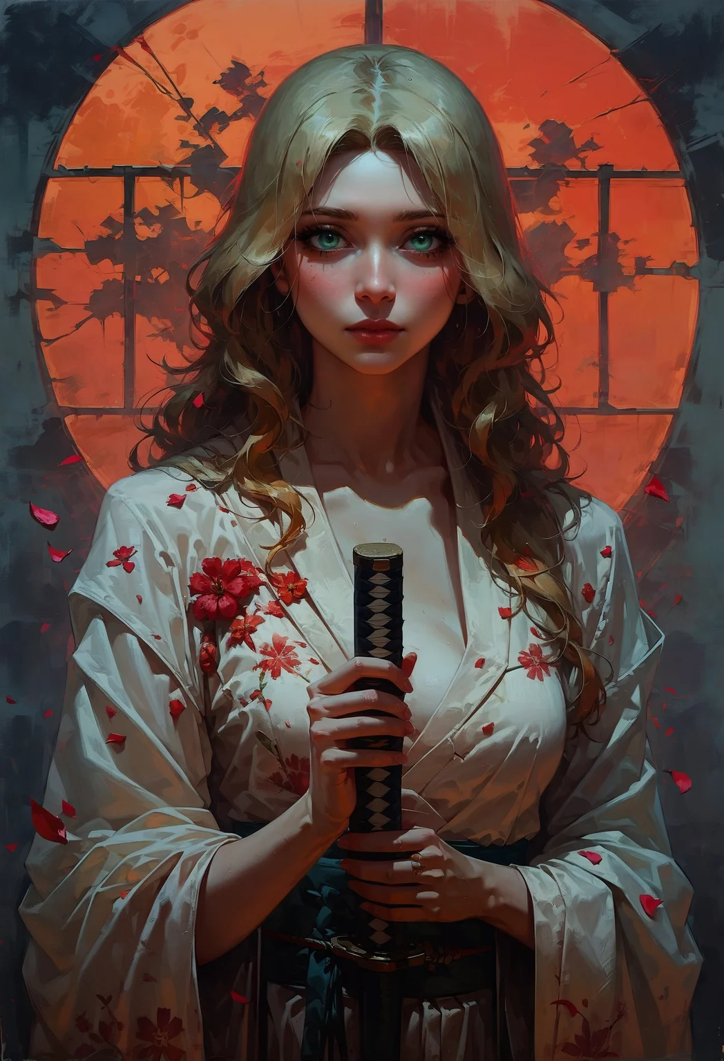 score_9, score_8_up, score_7_up, 1girl wearing a floral kimono, holding a katana, perfect curves, suggestive pose, romantic, solo, detailed eyes, looking at viewer, beautiful, looking at viewer, green eyes, sultry look, medium breasts, fantasy, from front, romantic, orange skies, orange moon, sakura petals, tsukuyomi (blonde hair, mid parted hair, straight hair, long hair:1.2), pronounced blush, d4rk01l <lora:sdxl\Concept Art Twilight Style SDXL_LoRA_Pony Diffusion V6 XL:0.8> <lora:sdxl\vixon_pony_oil:0.7>