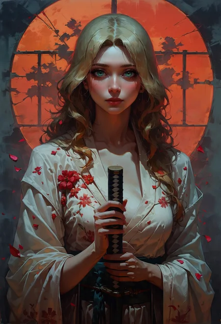 score_9, score_8_up, score_7_up, 1girl wearing a floral kimono, holding a katana, perfect curves, suggestive pose, romantic, solo, detailed eyes, looking at viewer, beautiful, looking at viewer, green eyes, sultry look, medium breasts, fantasy, from front, romantic, orange skies, orange moon, sakura petals, tsukuyomi (blonde hair, mid parted hair, straight hair, long hair:1.2), pronounced blush, d4rk01l <lora:sdxl\Concept Art Twilight Style SDXL_LoRA_Pony Diffusion V6 XL:0.8> <lora:sdxl\vixon_pony_oil:0.7>