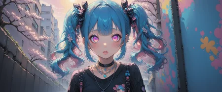 tokyo_street_fashion_xl, 1girl, harajuku fashion, portrait, kawaii, big eyes, bangs, colorful, hair ornament, jewelry, pink|blue hair, pigtails, short twintails, long sleeves, looking at viewer, necklace, pink eyes, solo, parted lips, BREAK
in harajuku, standing in front of a graffiti covered wall, spring, cherry blossoms,
intricate detail, cinematic lighting, amazing quality, amazing shading, extremely detailed eyes and face, beautiful detailed eyes, ((masterpiece, best quality)), from side, upper body,
<lora:aesthetic_anime_v1s:1>
<lora:tokyo_street_fashion_xl_1:1>
<lora:IOS_Iridescent_opal_style:0.4>