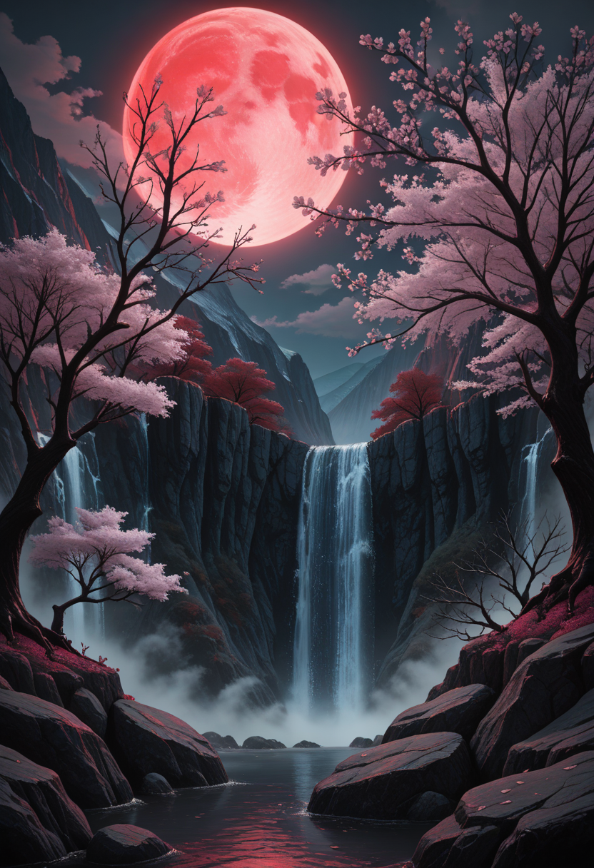 red moon, moon, no humans, tree, waterfall, water, scenery, outdoors, sky, full moon, night, fog, mountain, branch, cliff, night sky, cloud, rock, cherry blossoms, nature, bare tree, <lora:MoriiMee_Gothic_Niji_Style_Illustrious_r1:0.6> artist:moriimee,  <lora:PowerPuffMixLora:0.5>,  <lora:Detailer_NoobAI_Incrs_v1:0.6> detailed,