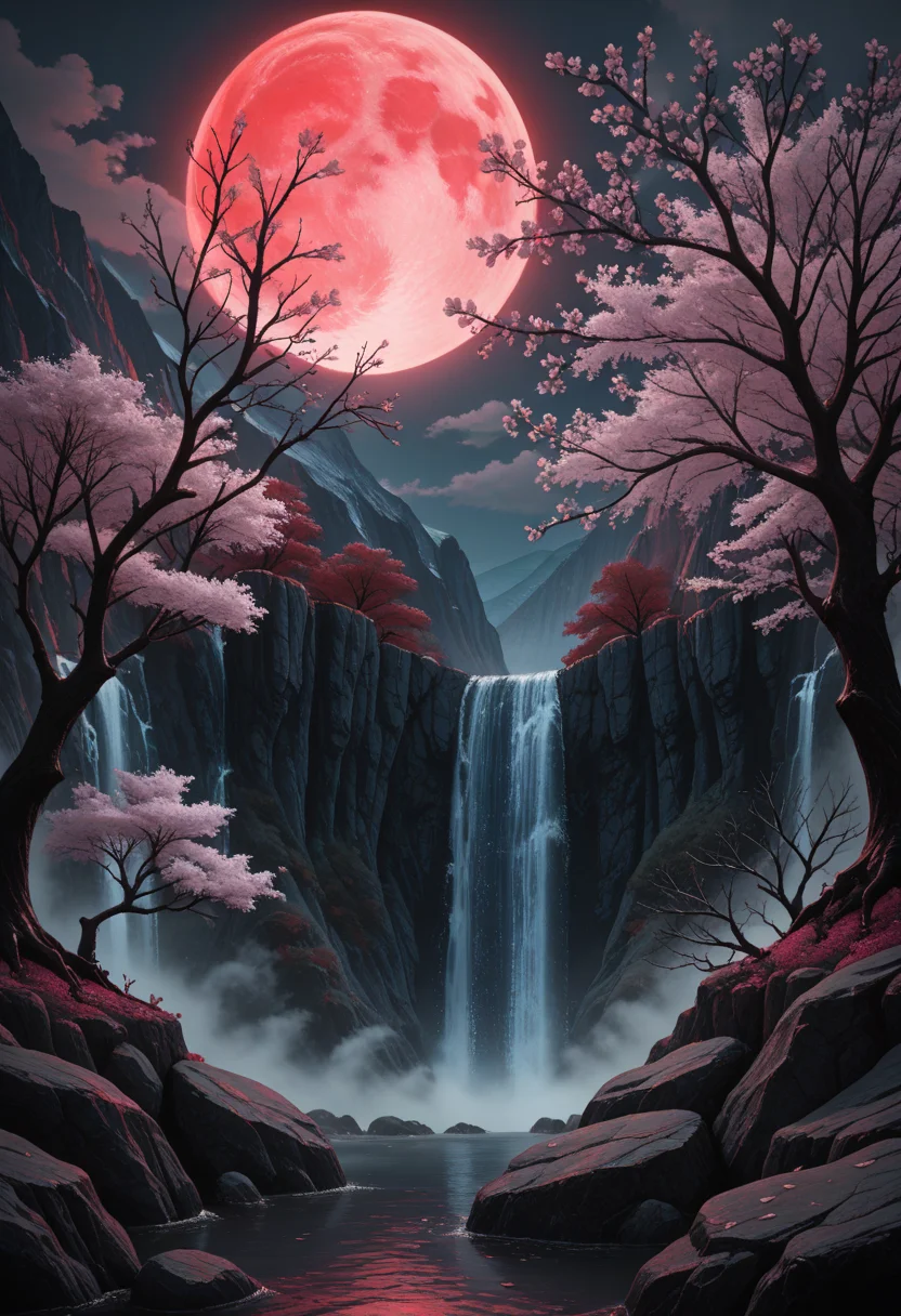 red moon, moon, no humans, tree, waterfall, water, scenery, outdoors, sky, full moon, night, fog, mountain, branch, cliff, night sky, cloud, rock, cherry blossoms, nature, bare tree, <lora:MoriiMee_Gothic_Niji_Style_Illustrious_r1:0.6> artist:moriimee,  <lora:PowerPuffMixLora:0.5>,  <lora:Detailer_NoobAI_Incrs_v1:0.6> detailed,