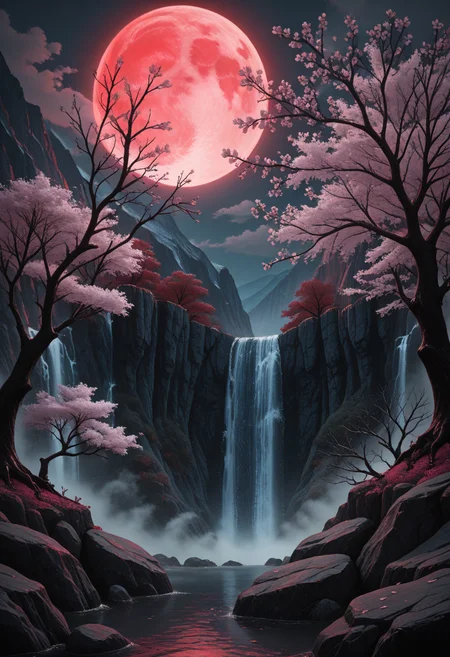 red moon, moon, no humans, tree, waterfall, water, scenery, outdoors, sky, full moon, night, fog, mountain, branch, cliff, night sky, cloud, rock, cherry blossoms, nature, bare tree, <lora:MoriiMee_Gothic_Niji_Style_Illustrious_r1:0.6> artist:moriimee, <lora:PowerPuffMixLora:0.5>, <lora:Detailer_NoobAI_Incrs_v1:0.6> detailed,