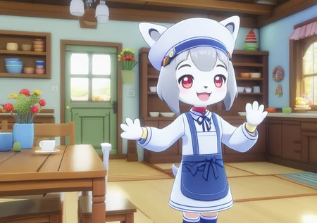 1girl, nelz03, apron, long sleeves, indoors, beret, light smile, waving, pawpads, <lora:0_GI_Mels_All_In_One_00_00_002:0.7>