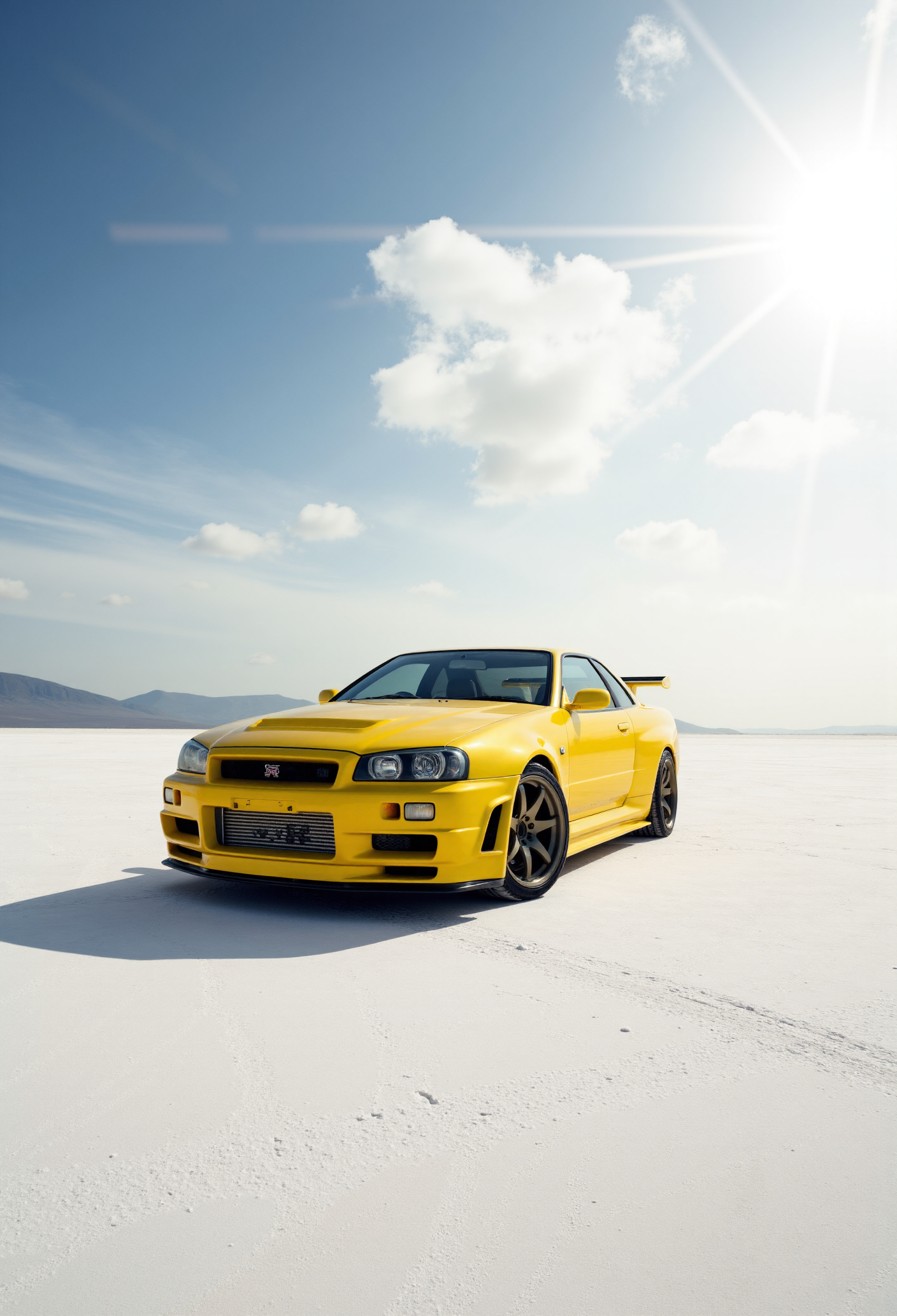 <lora:Nissan_Skyline_GT-R_R34:0.8> Nissan Skyline GT-R R34.
The Nissan Skyline GT-R R34 stands alone beneath a vast, cloud-scattered sky on an endless salt flat horizon, its silhouette clean and dignified against the glimmering alabaster terrain. Captured in a hyper-wide angle panoramic shot, the camera stretches the scene to emphasize solitude, legacy, and form. The Lightning Yellow bodywork burns like sun-forged alloy, glinting under direct zenithal sunlight with razor-edge clarity. Tire imprints trail behind it, vanishing into the heat-hazed distance. A cinematic lens flare streaks across the polished front bumper, while ultrarealistic detail reveals the heat shimmer rising from brake calipers. This is where myths come to restâan altar of silence honoring a machine that needs no motion to move the soul.