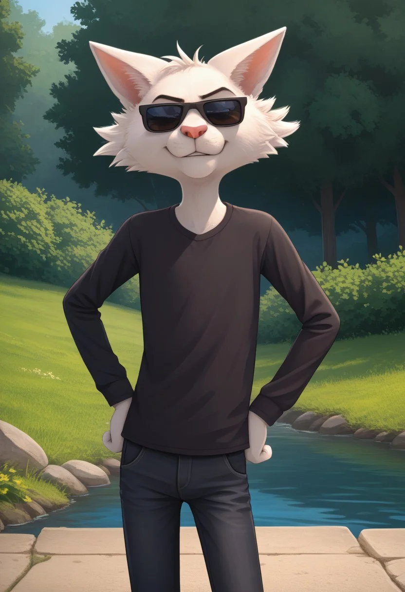 score_9, score_8_up, score_7_up, cartoon_style, ((by BodiPhant0m)), byBodiRDz, 4k, 8k, The best quality, very well drawn, detailed,
high quality, detailed, 4k, high resolution, high quality, high resolution, outdoors, furry character, canine, 2d, solo, against the backdrop of the river,
rockdog, angus,
style rock dog, movie style, style[rockdog], rockdog, male, cat, cat boy, angus,
anthropomorphic Persian cat with a very slender build,
white fur, a pink nose, red well-groomed claws, and it is revealed
that he has heterochromia, as he has different colored eyes - the right eye is blue,
and the left eye is brown, Angus's outfit consists of a black long-sleeved shirt,
dark gray jeans and black sunglasses,
detailed muzzle\face, detailed character,
(sexy), naked, exposed, easynegative, Split Lighting style, partially covered in shadow,
hands on hips, evil smile, (angry), (smile),
(laughter),