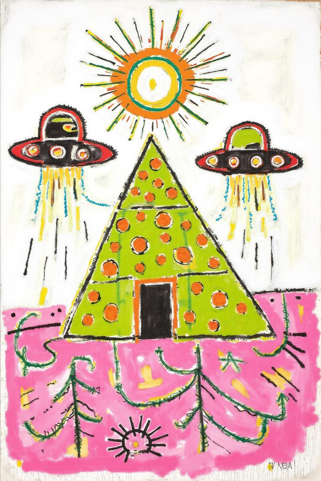 basquiat1 painting.
keithharing1
A pop art illustration feturing lime green pyramid covered in orange polka dots, set on a pink and white dotted ground. Two UFO are fireing on the pyramid.
 <lora:basquiat1_cap_d6a3e11:1.0><lora:835168979539461262:0>