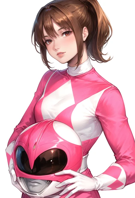 (score_9:0.9),score_8_up,score_7_up,rating_safe,anime style,(zPDXL),<lora:Pink Power Ranger ponyXL v2:0.94>,pink power ranger,pink motorcycle helmet,pink bodysuit,white gloves,helmet removed,1girl,solo,holding helmet,holding,looking at viewer,ponytail,parted lips,white background,monochrome,pink theme,upper body,heart,bangs,simple background,