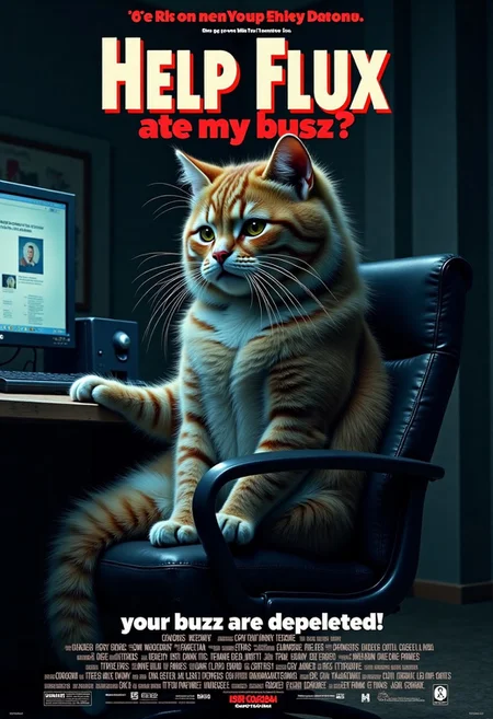 a realistic picture,((((Display the text " help flux ate my buzz??" on top a movie poster))))
Movie poster of very buff Cat sitting in chair, crying, in front of his gaming computer, in dark. dim light, 49 inch ultra wide screen that display "your buzz are depleted))8k, ultra detailed,
BREAK, <lora:cashbaba:0.6> <lora:xl_more_art-full_v1:0.5> I background: logo:1.9 <lora:Harrlogos_v2.0:1.9>, (full body shots),u ))8k, ultra detailed,
BREAK, <lora:cashbaba:0.6> <lora:xl_more_art-full_v1:0.5> I background: logo:1.9 <lora:Harrlogos_v2.0:1.9>, (full body shots),