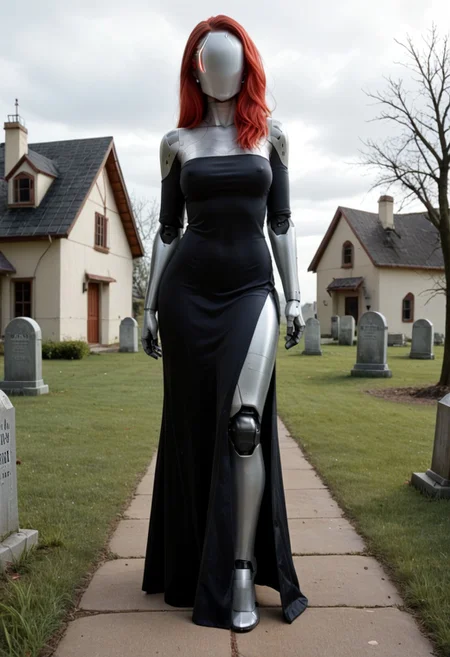 solo, A 35mm full length photo of a beautiful 20 year old woman, she is a humanoid robot , robotic body, freckles, smooth featureless grey robotic skin, robotic aerials, metallic dark red hair, wearing a black a-line dress with silver detailing, standing in a graveyard , robotic face with minimal features, knee length dress, fit a flare dress, 1950s style house wife dress
mannequin, faceless, egghead, TheFaceLess