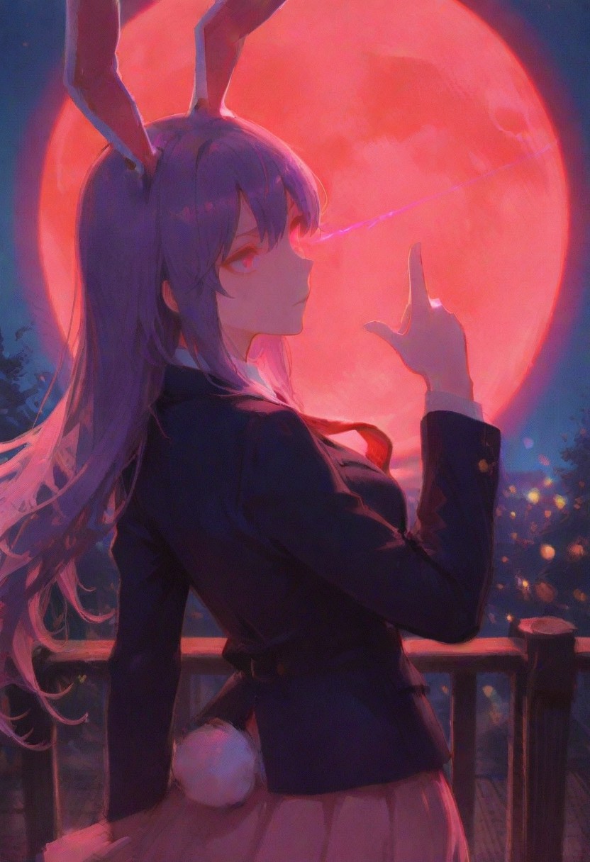 masterpiece, best quality, absurdres, volumetric lighting, ambient occlusion, luminescent background,,ethereal atmosphere:1.5),, soft light bloom, colors, dreamy environment, (bokeh effect:1.2), ,masterpiece, best quality, very awa, absurdres,usnr,,watercolor effect,red moon,a red full moon,
BREAK
reisen udongein inaba, 1girl, solo, purple hair, purple eyes, rabbit ears, long hair, skinny, medium breasts,white shirt, pink skirt, blazer, red necktie, rabbit tail,finger gun, red eyes, glowing eyes, glowing eye trail, eye trail,dynamic pose,dynamic view,action pose,looking at viewer