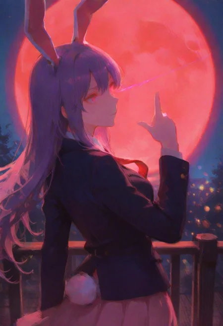 masterpiece, best quality, absurdres, volumetric lighting, ambient occlusion, luminescent background,,ethereal atmosphere:1.5),, soft light bloom, colors, dreamy environment, (bokeh effect:1.2), ,masterpiece, best quality, very awa, absurdres,usnr,,watercolor effect,red moon,a red full moon,
BREAK
reisen udongein inaba, 1girl, solo, purple hair, purple eyes, rabbit ears, long hair, skinny, medium breasts,white shirt, pink skirt, blazer, red necktie, rabbit tail,finger gun, red eyes, glowing eyes, glowing eye trail, eye trail,dynamic pose,dynamic view,action pose,looking at viewer