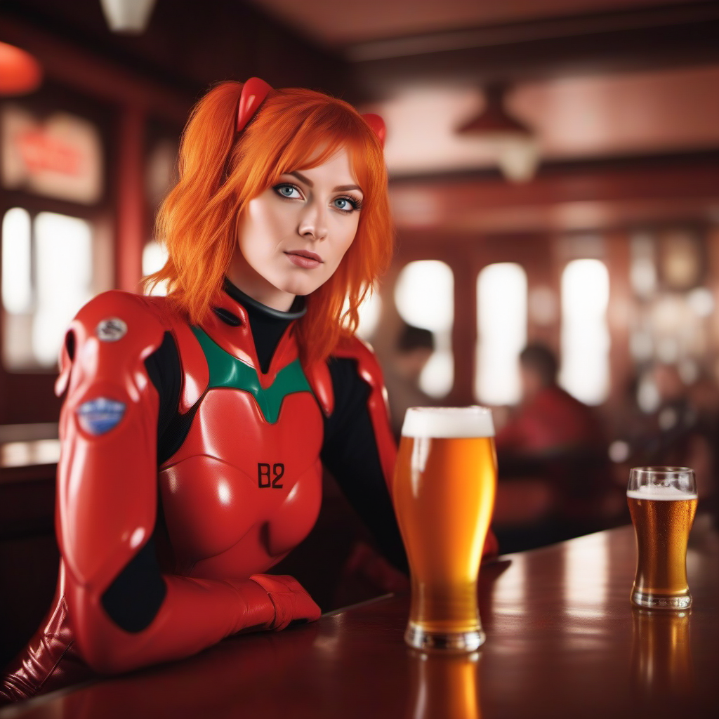 cinematic photo a woman, red plugsuit, blue eyes, orange hair, having a beer in a pub  <lora:Asuka1024:0.8> . 35mm photograph, film, bokeh, professional, 4k, highly detailed