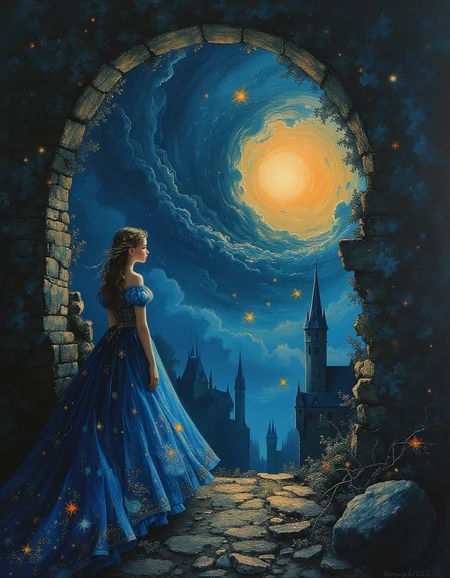 A masterpiece oil painting of in a dark and foreboding castle perched high on a jagged cliff, a solitary young princess stands. Her royal blue gown, adorned with intricate patterns of stars and moons, flutters in the howling wind. She gazes forlornly out of the towering arched window, its glass shattered and edges jagged.
Beyond the window, a cataclysmic scene unfurls. A massive black hole, an abyssal vortex of swirling darkness, devours the cosmos. Stars, planets, and galaxies spiral relentlessly into its maw, their light extinguished as they cross the event horizon. The sky is an apocalyptic canvas of crimson and midnight blue, punctuated by flashes of celestial debris being swallowed whole.
The castleâs turrets bend and twist under the immense gravitational force, their stonework crumbling like sand. The air crackles with an ominous energy, and ghostly wisps of what once was her world float past, dissolving into nothingness. The princess's eyes are filled with sorrow and despair, reflecting the inky void. Focus on the girl, shadow and light, intriguing atmosphere, sharp magnificent details, delicate features, elaborate details, (2\3 rule composition:0.5), ultra detailed, romantic, Rembrandt lighting, brush stroke, lovely, in the style of Rembrandt. <lora:style_of_Rembrandt_FLUX_135:.8> <lora:neeeg_f1:-1> <lora:j_gongbihua_flux_rank2_bf16:.4>