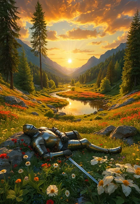 A knight in shining armor rests and lying down peacefully in a lush flower-filled meadow, surrounded by a majestic landscape, The sun casts a warm golden glow over the valley, with a meandering stream reflecting the vibrant colors of the sunset, tall trees and distant mountains, serenity and timeless beauty, The knight's sword lies by his side, tranquility, idyllic, fairy tale, <lora:MJ52:0.4>, <lora:SDXLFaeTastic2400:0.3>
