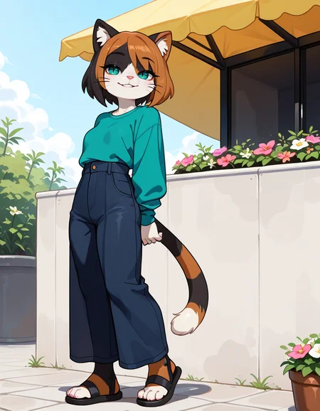 masterpiece, best quality, very aesthetic, absurdres,
outdoors, casual,
full body, standing, posing,
seductive smile, parted lips, long eyelashes,
<lora:Kawa_v01_NAIXL:1>
K4w4,1girl,solo,furry,furry female,cat girl,short hair,multicolored hair,cat ears,aqua eyes,slit pupils,snout,animal nose,whiskers,body fur,two-tone fur,cat tail,striped tail,