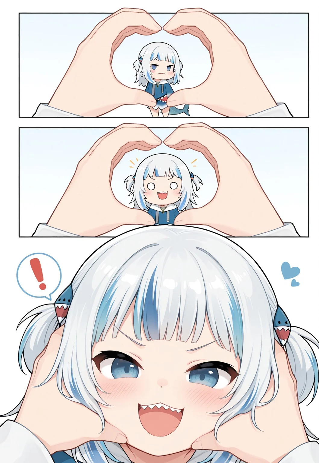 masterpiece, best quality,
snootchallenge, 3koma, chibi, comic,
1girl, 1other,
gawr gura, shark tail,
blush, :3, :d, smile, open mouth, v-shaped eyebrows, looking at viewer, heart, upper teeth only, teeth, spoken exclamation mark, !, o o,
pov, pov hands, heart hands, hands on another's face, hands on another's cheeks, out of frame,
simple background,



