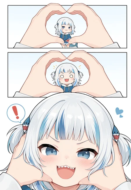 masterpiece, best quality,
snootchallenge, 3koma, chibi, comic,
1girl, 1other,
gawr gura, shark tail,
blush, :3, :d, smile, open mouth, v-shaped eyebrows, looking at viewer, heart, upper teeth only, teeth, spoken exclamation mark, !, o o,
pov, pov hands, heart hands, hands on another's face, hands on another's cheeks, out of frame,
simple background,



