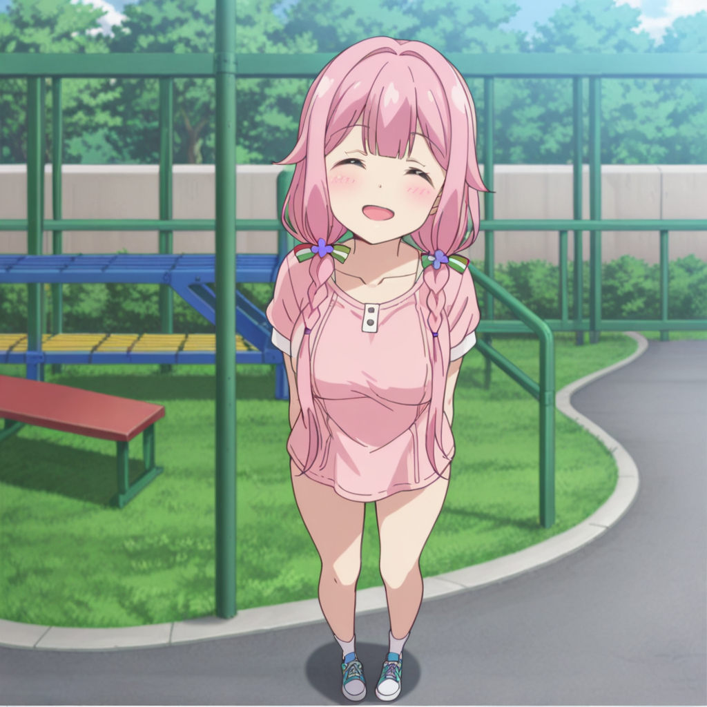 nsfw, masterpiece, best quality,1girl, solo, warlords_of_sigrdrifa_watarai_sonoka, full body, standing, closed eyes, pink hair, twin braids, open mouth, long hair, braid, shirt, blush, twintails, short sleeves, bangs, hair ornament, pink shirt, collarbone, low twintails, smile, breasts, hair over shoulder, outdoor, looking at viewer, school, school playground, <lora:Watarai_Sonoka_-_Warlords_of_Sigrdrifa:0.7>