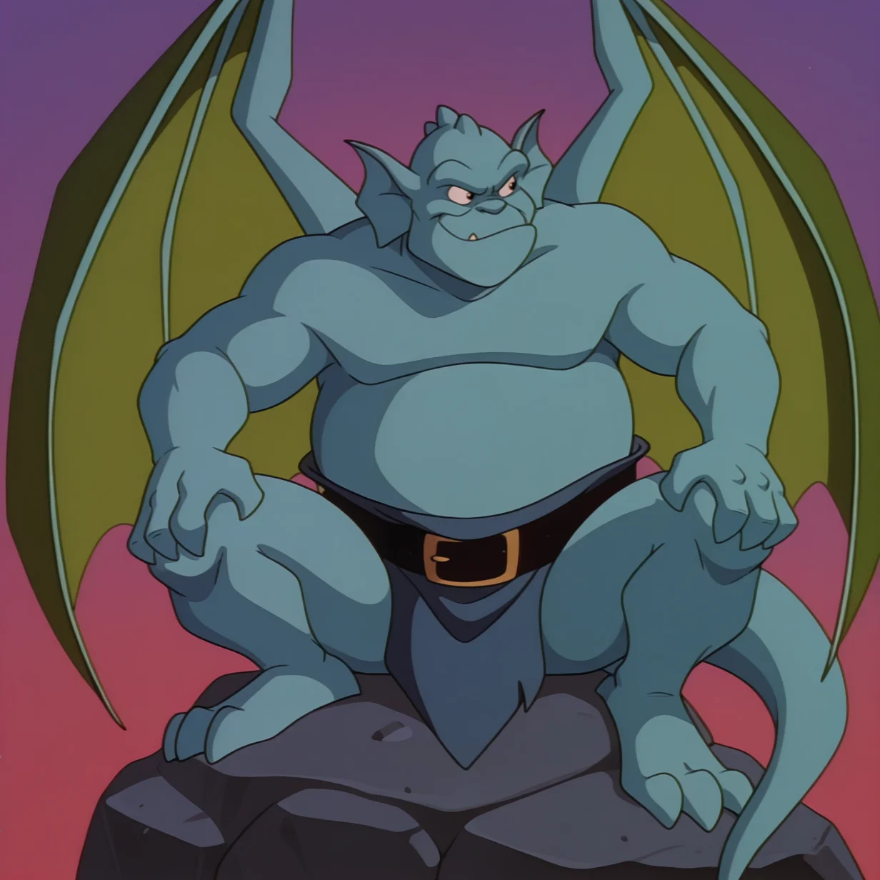 broadwayxl, anthro, teal gargoyle, fat, wings, solo, cartoon, retro, sitting, raised knee, claw on own knee, looking to the side, smirk, closed mouth, loincloth, dark belt, (gold buckle:0.5), 4 fingers, on rock