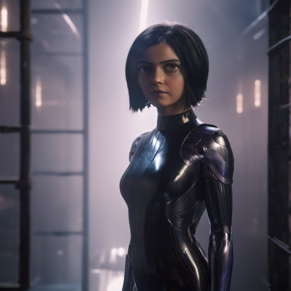 cinematic film still of  <lora:perfection style:0.9>
 <lora:Alita:1>
In futuristic 2563 Alita Ganmu a woman in a metallic dress standing in a room,1girl,solo,short hair,black hair,closed eyes,indoors,blurry,science fiction,cable,cyborg,detailed,real,different,unique,cinematic,dramatic,concept art,filmic,Battle Angel style , big eyes, shallow depth of field, vignette, highly detailed, high budget, bokeh, cinemascope, moody, epic, gorgeous, film grain, grainy