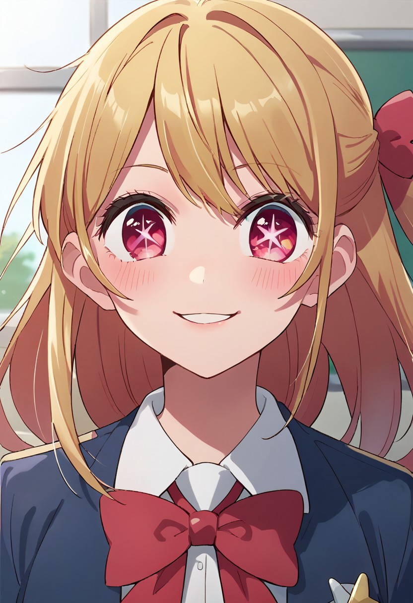 score_9, score_8_up, score_7_up, source_anime,hoshino ruby, one star-shaped pupil, blonde hair, pink eyes,  1girl, solo, classroom, bow, red bow, school uniform, blush, bowtie, shirt, jacket, long hair, white shirt, smile, upper body, :3