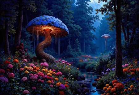 (in full view:1.2), (seen from a distance, wide angle:0.55), The style a combination of [Clyde Caldwell|Igor Zenin|Heather Theurer], Under lighting, alien planet, alien plants, bioluminescent plants. Harmonious madness, synergy with chance, unique art style, mind bending art. Digital painting in a realistic style representing strange visions of A forest, struck by a meteorite that has been altered by radiation coming from the meteor. The forest, once a popular place for walks has transformed into something out of another dimension. The trees, plants and animals have all begun to transform into life forms alien to earth. The wild flowers have become more colorful and have unusual patterns. A digital rendering, high-res, ultra detailed, photo manipulation, altered realities, <lora:+FluxVelvet's_Mythic_Fantasy:0.7> <lora:Midjourney_Whisper_Chromaplex_Velvet_Myst_v01:0.4> <lora:Epic_gorgeous_Details-flux.1:0.4> <lora:Amazing_scenery_v3:0.6> <lora:UltraReal_Fine-Tune:0.3> <lora:Realism-lora-Flux:0.6> <lora:low-light-flux-v2:0.5>