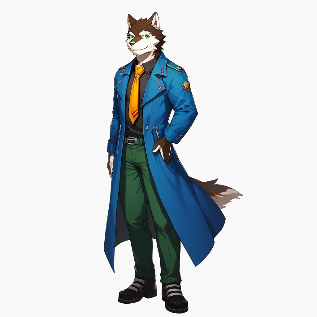 rouon aro, male, wolf, anthro, furry, brown fur, white fur, green eyes, 1boy, furry male, male focus, furry, solo, necktie, green eyes, yellow necktie, animal ears, white background, smile, full body, black shirt, looking at viewer, shirt, orange necktie, tail, pants, green pants, hand on hip, coat, simple background, blue coat, 5 fingers, shoes, masterpiece, ultra detailed, high quality, score_9, score_8_up, score_7_up, score_6_up