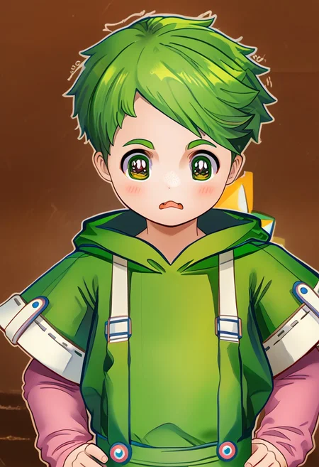 AwanoPB, 1boy, green hair, green iris, brown pupils, yellow blush, white suspenders, white round belly apron, short-sleeved green hoodie with white accents, long fingerless pink arm warmers, green pants, pink sneakers, white outsoles, <lora:AwanoPB:1>, Wangstyle,looking at viewer, <lora:DSC Style:1>DSCStyle, blush , confused , nervous, ??? ,solo ,, Score_9, Score_8_up, Score_7_up ,, Angry, mouth open in anger, side view, hands on hips,
DSCStyle, round eyes, exaggerated proportions, cartoonish features, anime-inspired, cute aesthetics, cartoonish proportions, stylized anatomy, soft shading, warm color palette, semi-flat coloring, vibrant tones, warm and inviting tones, playful expressions, expressive poses, minimal texture, polished finish, whimsical atmosphere, smooth lines, glossy highlights, minimal detail, clean outlines, consistent line weight, gentle highlights,