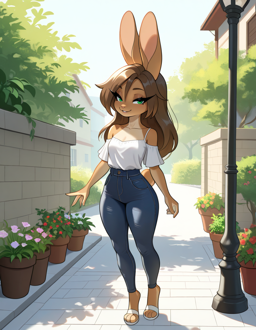 masterpiece, best quality, very aesthetic, absurdres,
outdoors, casual, 
full body, posing, 
seductive smile, parted lips, long eyelashes,
 <lora:Aubrey_Sky_v01_NAIXL:1>
4ubr3y5ky,1girl,solo,furry,furry female,rabbit girl,long hair,brown hair,rabbit ears,green eyes,animal nose,body fur,brown fur,rabbit tail,