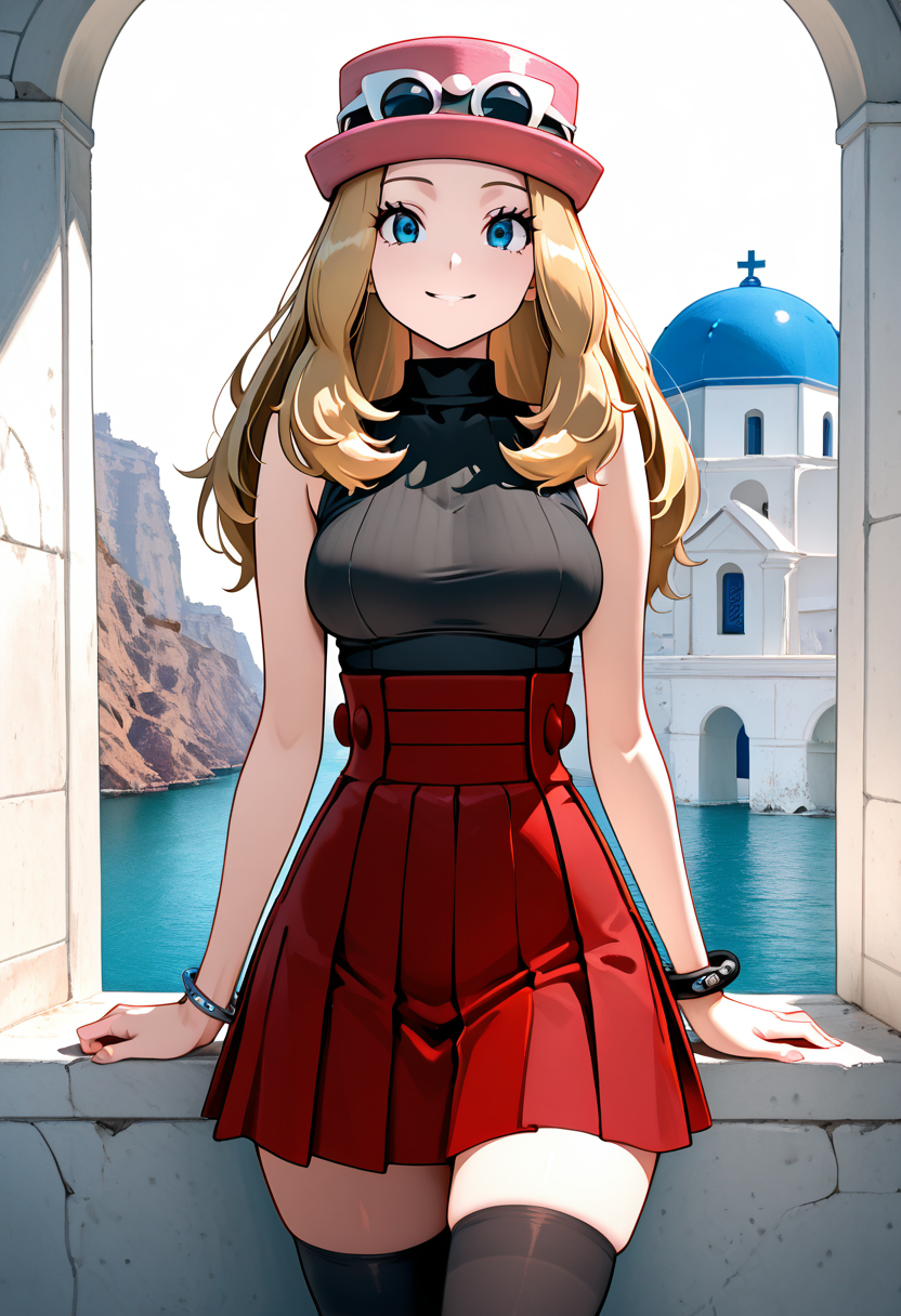 masterpiece, best quality, medium breasts, (curvy), narrow waist,    BREAK,  zzSerena, solo, long hair, blue eyes, eyewear on headwear, pink headwear, eyelashes, sleeveless shirt, black shirt, bracelet, high-waist skirt, red skirt, black thighhighs,<lora:SerenaPokemonIXL_v2:1.0>,smile, looking at viewer, cowboy shot,   zzSantorini,  ,<lora:SantoriniBuildings_IXL_v1:0.8>,