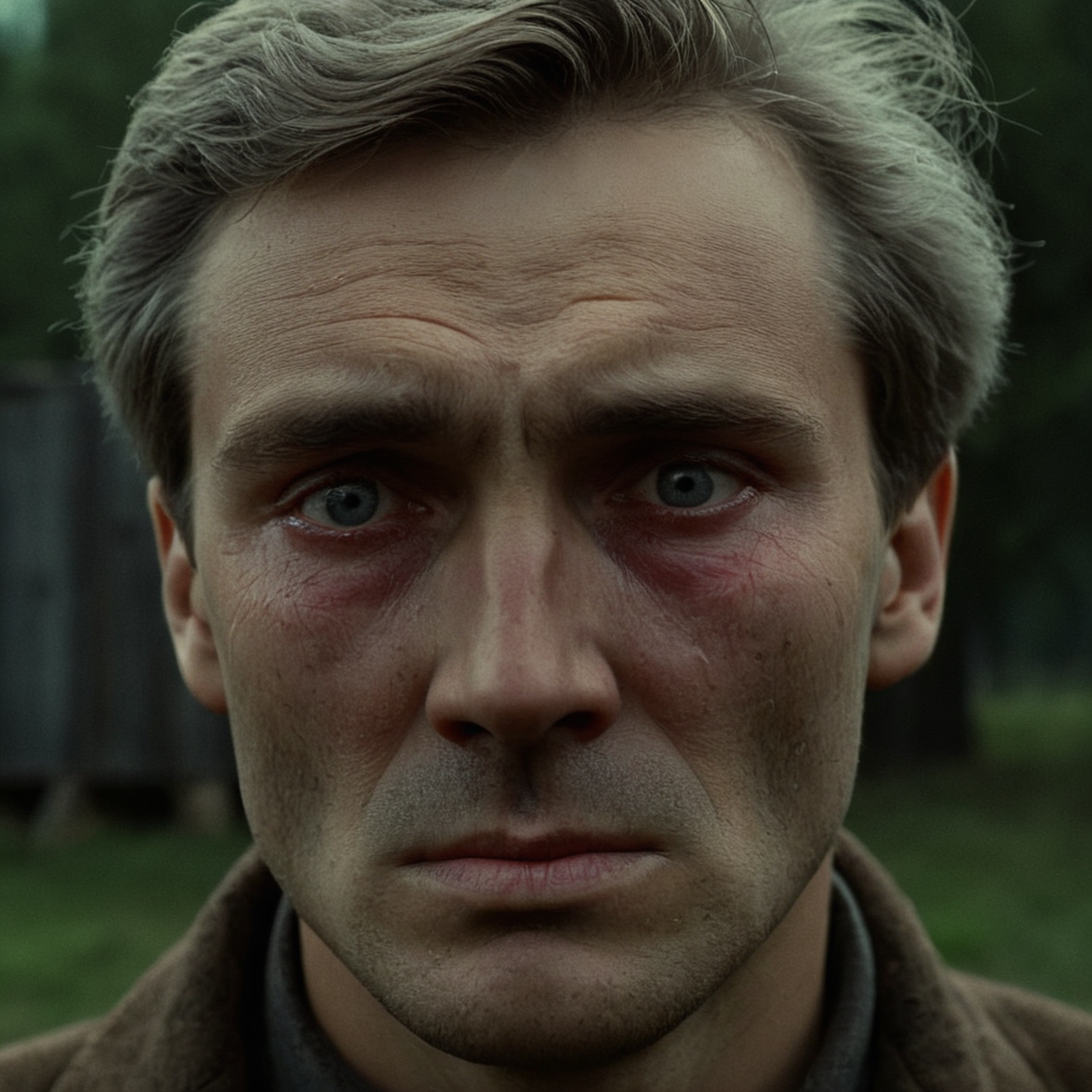 cinematic film still of  <lora:Come and See style v2:1> wrinkly sad depressed
Closeup iconic Florian Gaishun Closeup In 1943, in a small Belarusian village a young surprised wrinkly teary eyes man with a very sad look on his face and tears from his eyes,solo,looking at viewer,short hair,simple background,1boy,closed mouth,grey hair,male focus,grey background,grey eyes,portrait,realistic,old , action, horror, war, movie themed, sharp, detailed, epic cinematic photography, artistic, creative, dramatic light, cinematic color style, Kodak film style, 8k resolution, Come and See style, shallow depth of field, vignette, highly detailed, high budget, bokeh, cinemascope, moody, epic, gorgeous, film grain, grainy