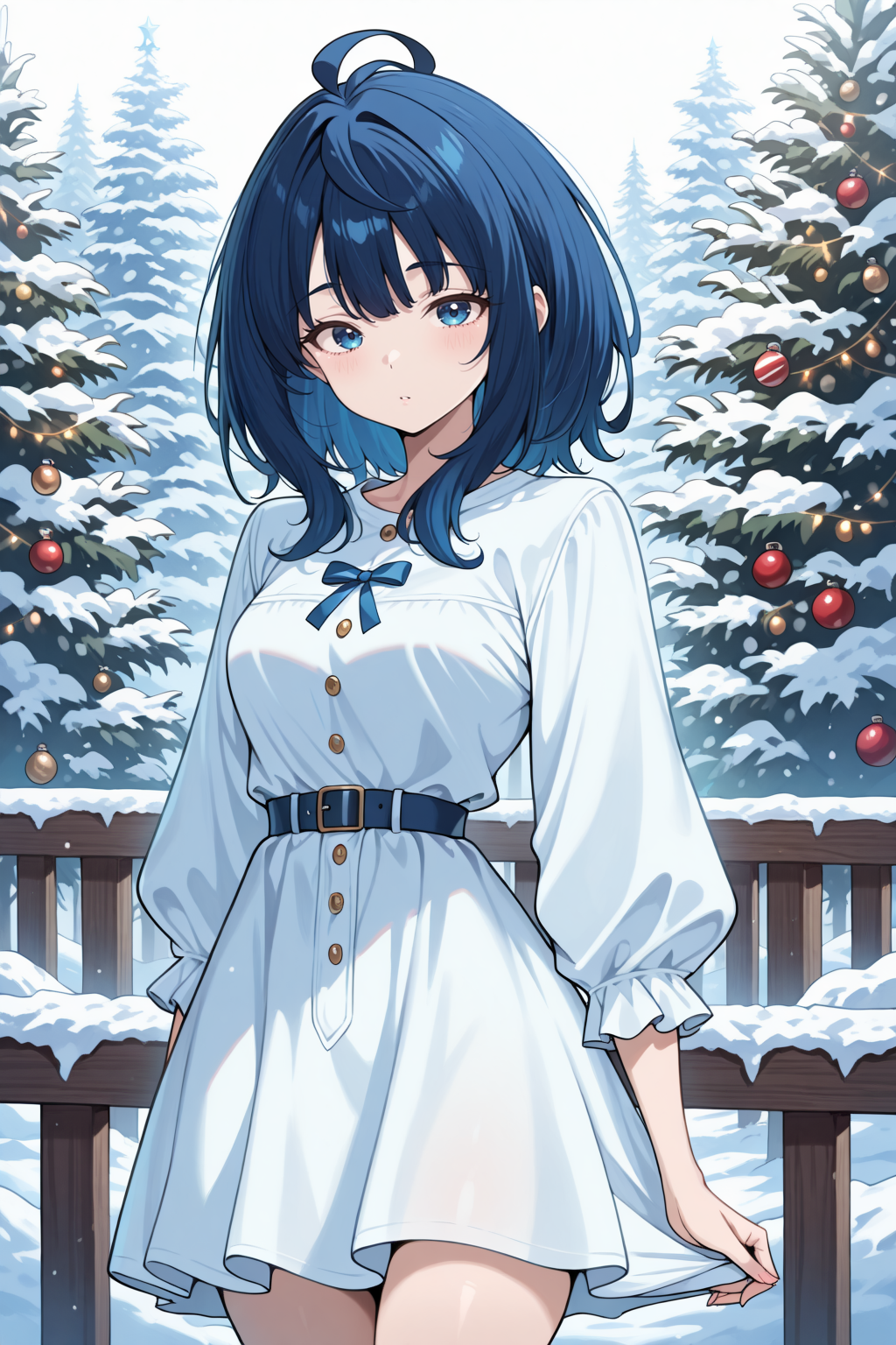 1girl,(solo),anime,masterpiece, best quality, amazing quality, very aesthetic, absurdres, newest, scenery, <lora:Diana_epoch_2:1>, blue hair, medium hair, ahoge, blue eyes, skinny,dress christmas,looking at viewer,