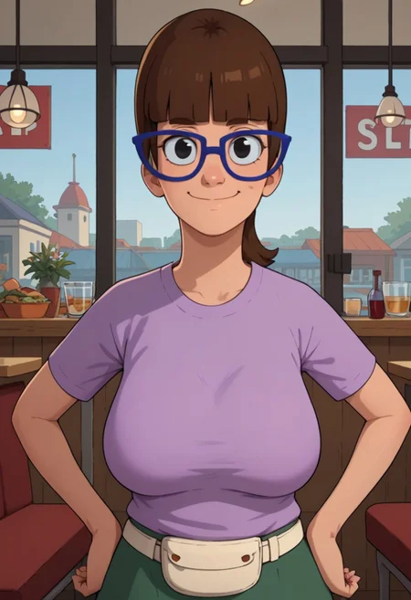((restaurant background)),score_9, score_8_up, score_7_up,score_6_up,
1girl, solo, Gayle_BB, light skin, black eyes, blue glasses, brown hair, straight bangs, hairstyle ponytail, lilac t-shirt, green skirt, white fanny pack on the waist, white flat shoes, tall stature, social smile, perfect eyes, perfect smile, looking at the viewer, big breasts, detailed eyes, perfect eyes, standing, (front pose, front view, bust shot, close up to face, face portrait:1) hands on hips