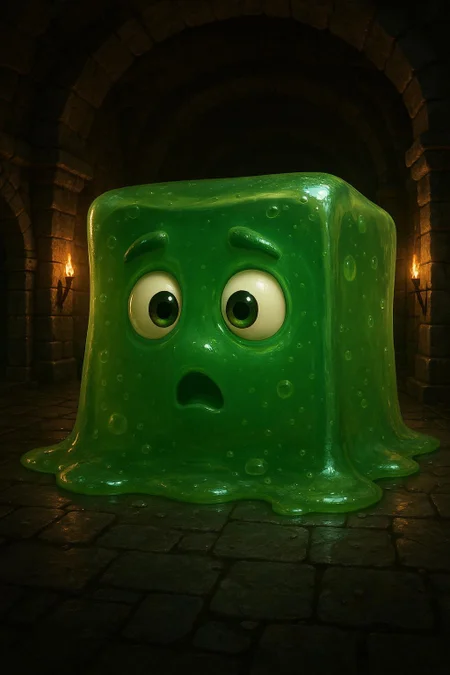 the enormous cute gelatine ooze cube with the surprised eyes in the dungeons, dim light, pixar art, detailed, intricate details, 8k, best quality, hdr, masterpiece